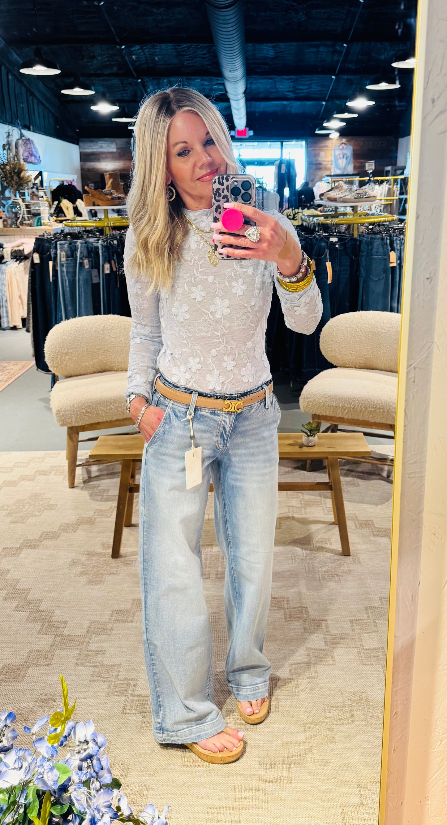 Light Blue Long Sleeve Floral Embroidered Mock Neck Mesh Top