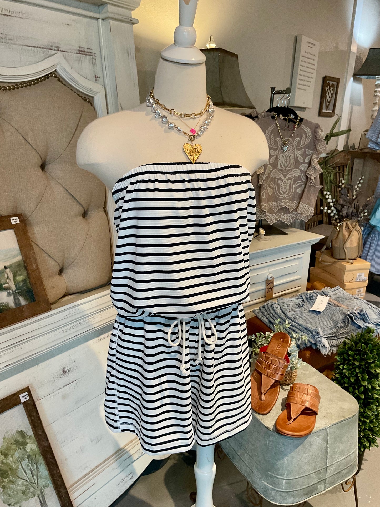 Navy/Ivory Striped Knit Romper