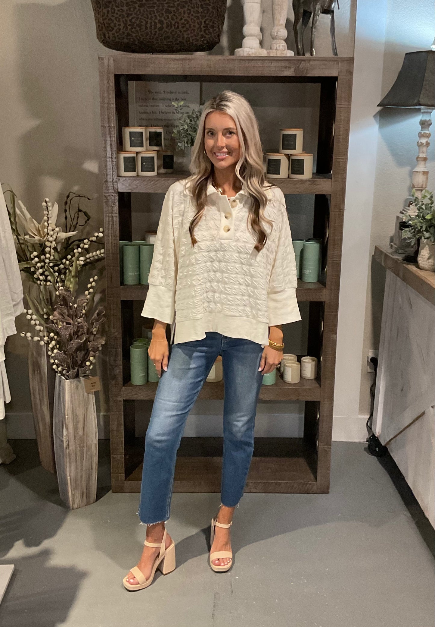 Ivory 3/4 Button Down Long Sleeve Top