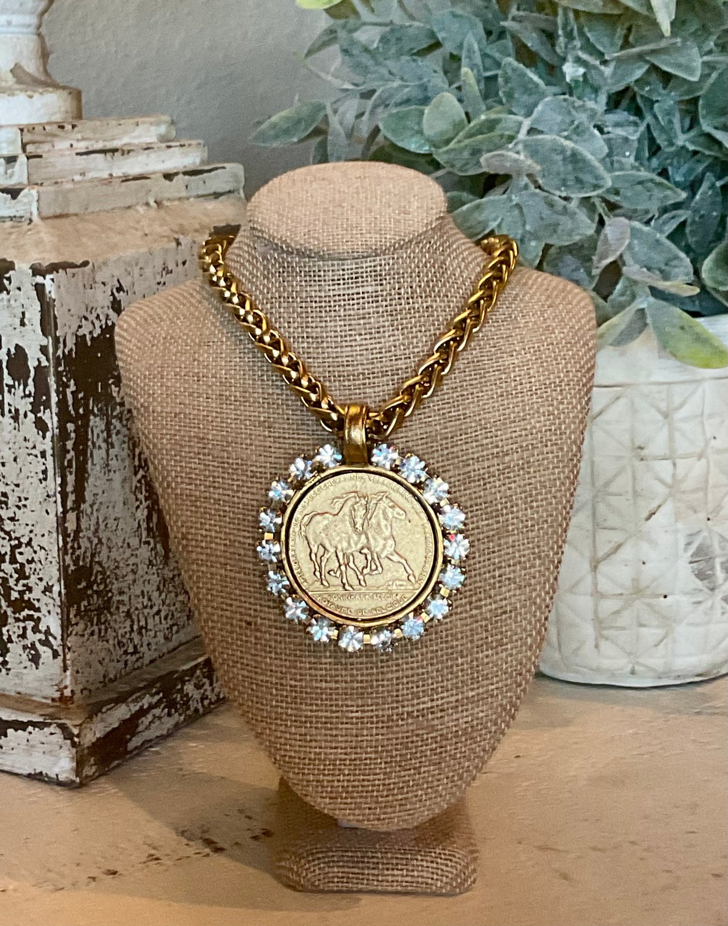 YO08 Gold Horse Coin Necklace Surrounded in Large Diamonds with Gold Rope Chain