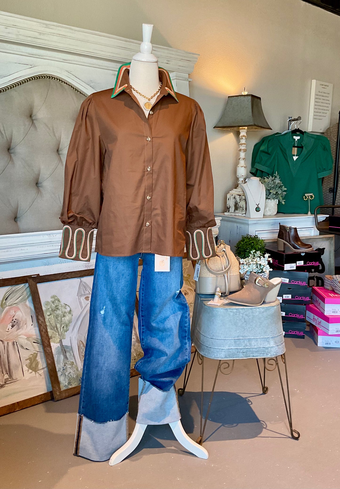 Brown Multi Trim Button down Top