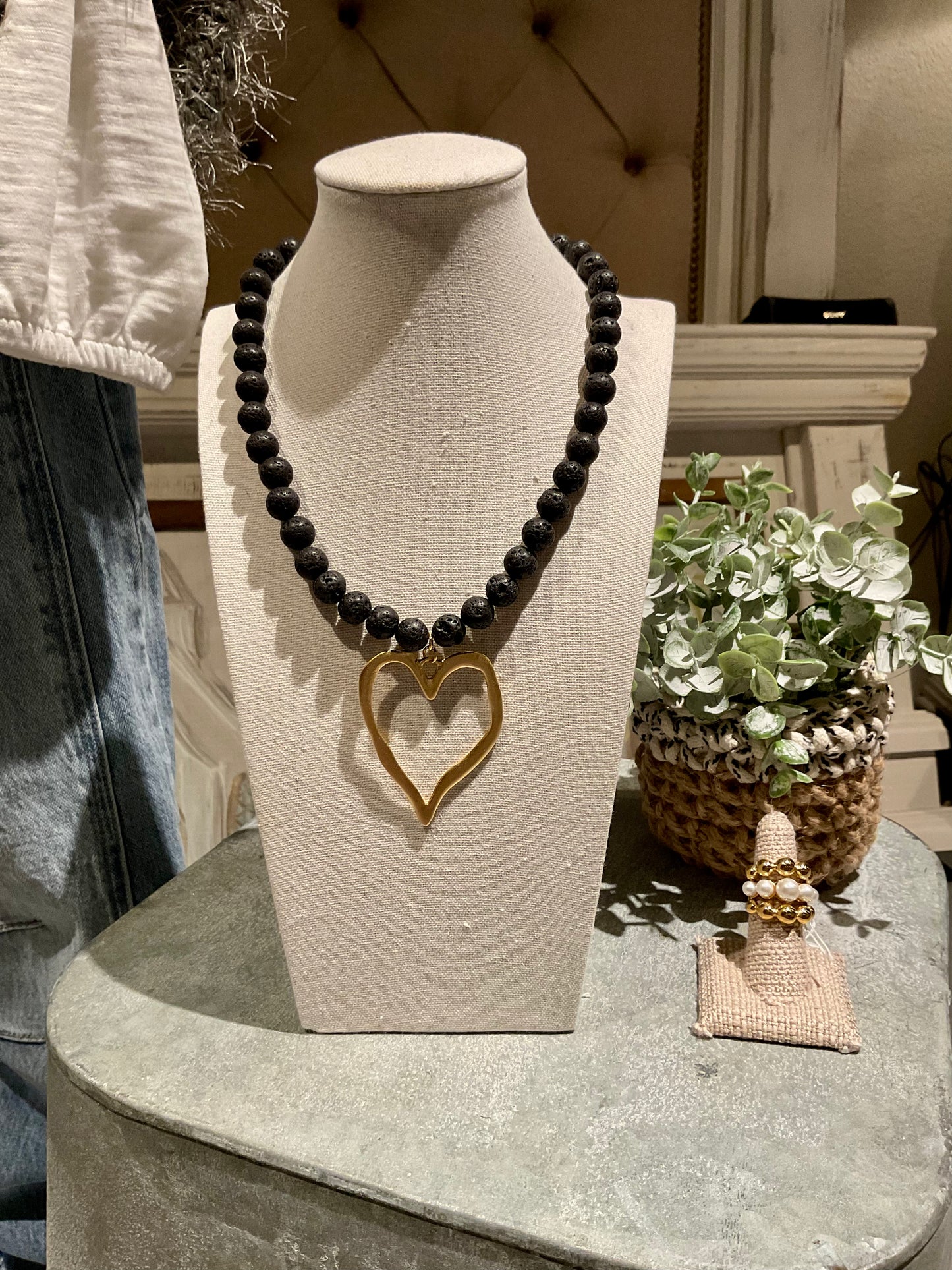 Lava Gemstone Beaded Necklace with XL Gold Heart