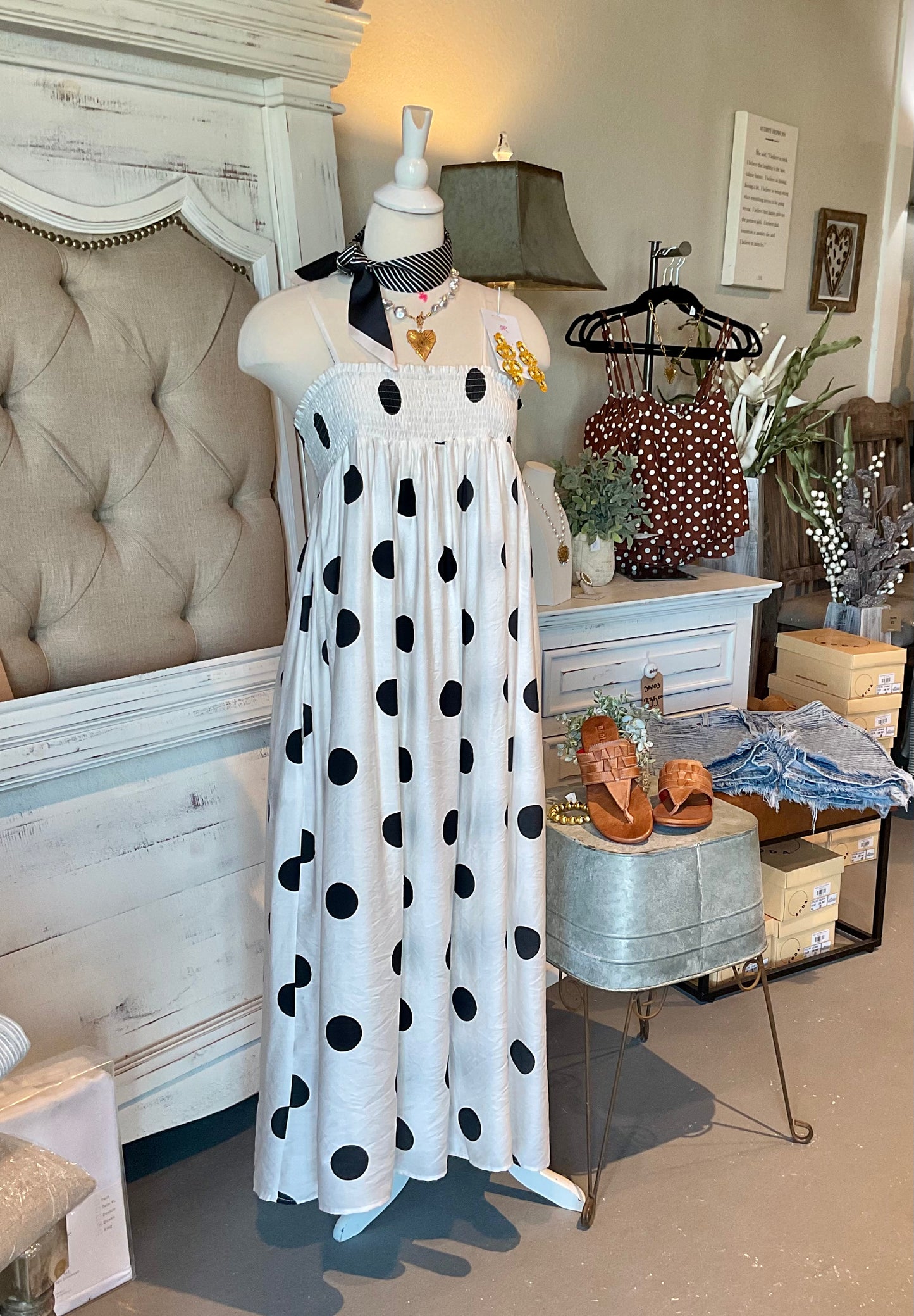Black Polka Dot Smocked Maxi Dress w/Adjustable Straps