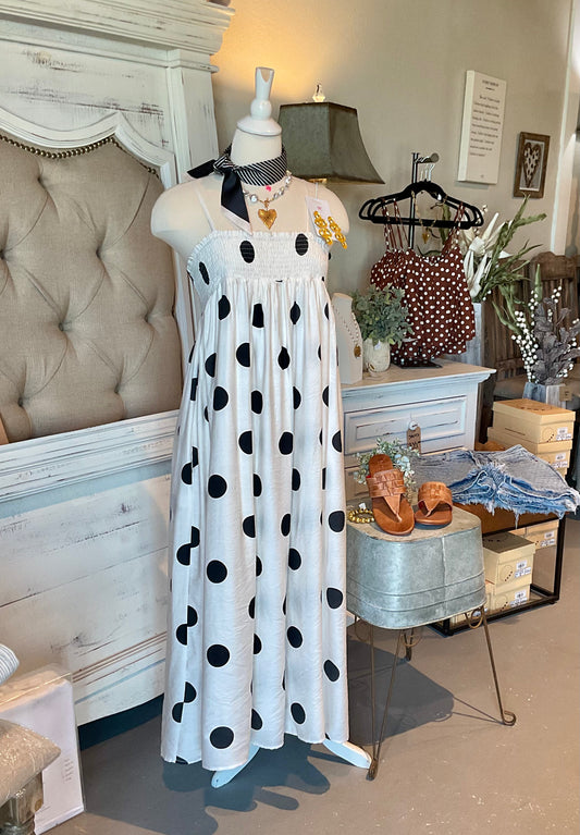 Black Polka Dot Smocked Maxi Dress w/Adjustable Straps