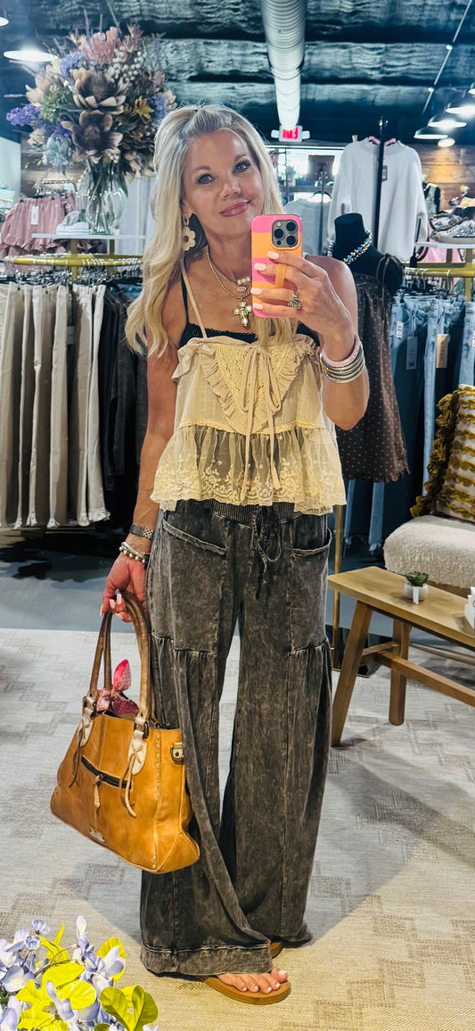 Mineral Wash Boho Wide Leg Pants