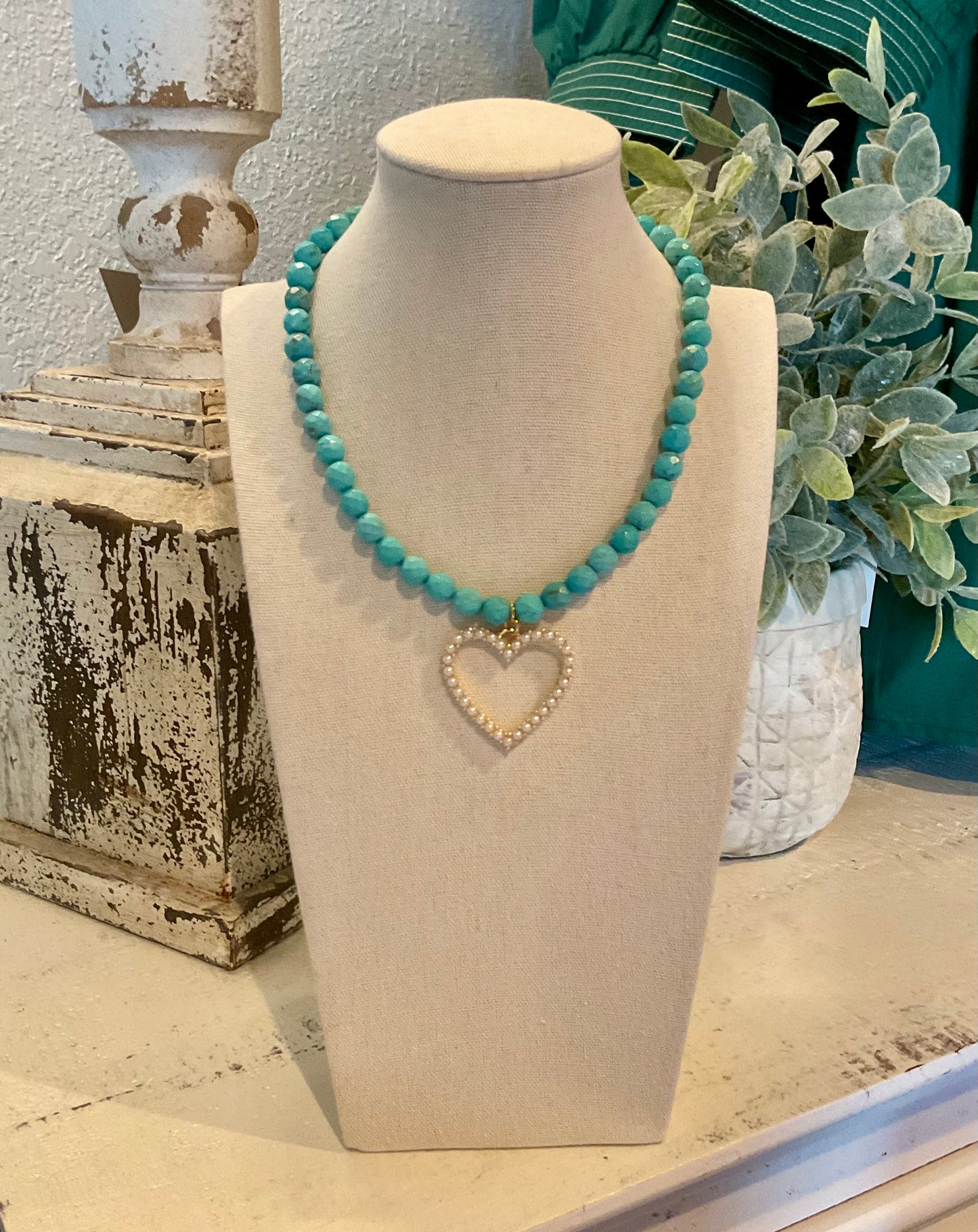 Turquoise 8mm Gemstone with Open Pearl Heart