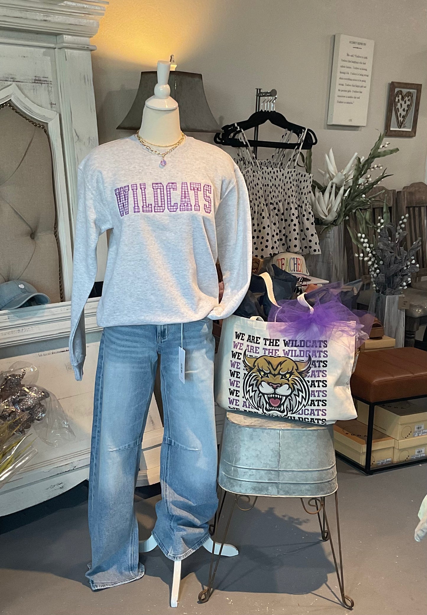 Gingham Embroidered WILDCATS Ash Grey Sweatshirt