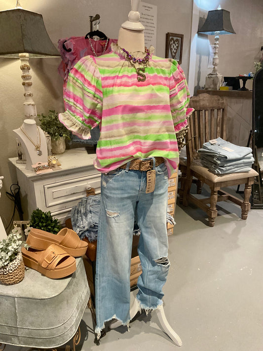 Pink Green and Cream Ruffle-neck Top