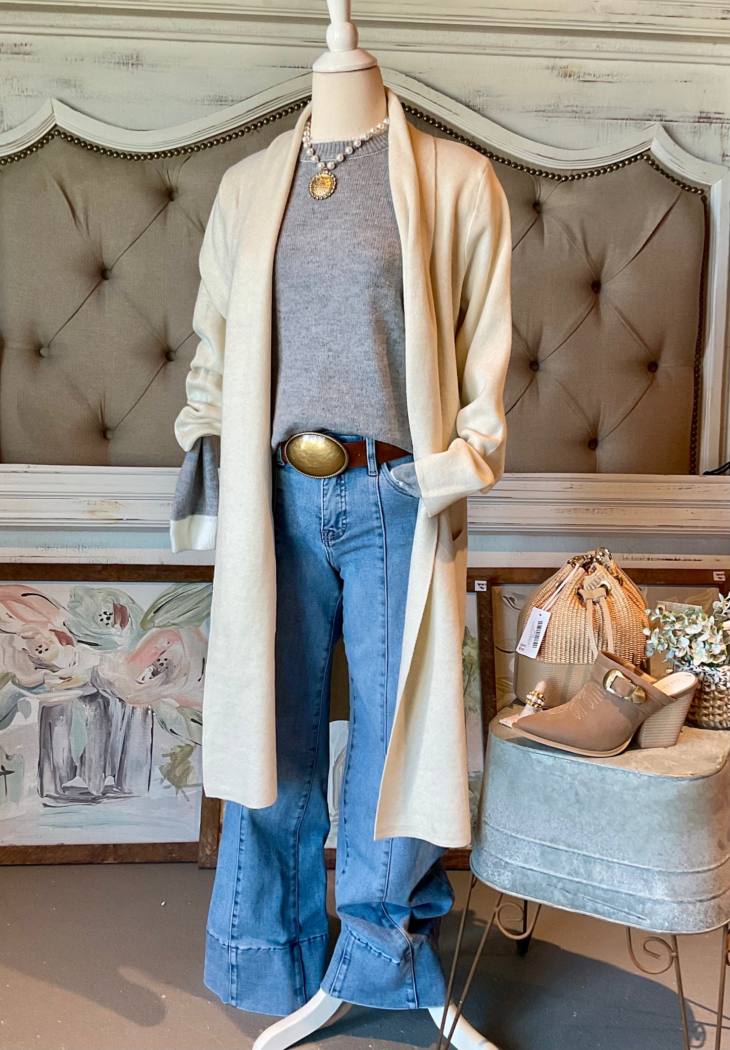 PN07 Long Cream Open Knitted Cardigan