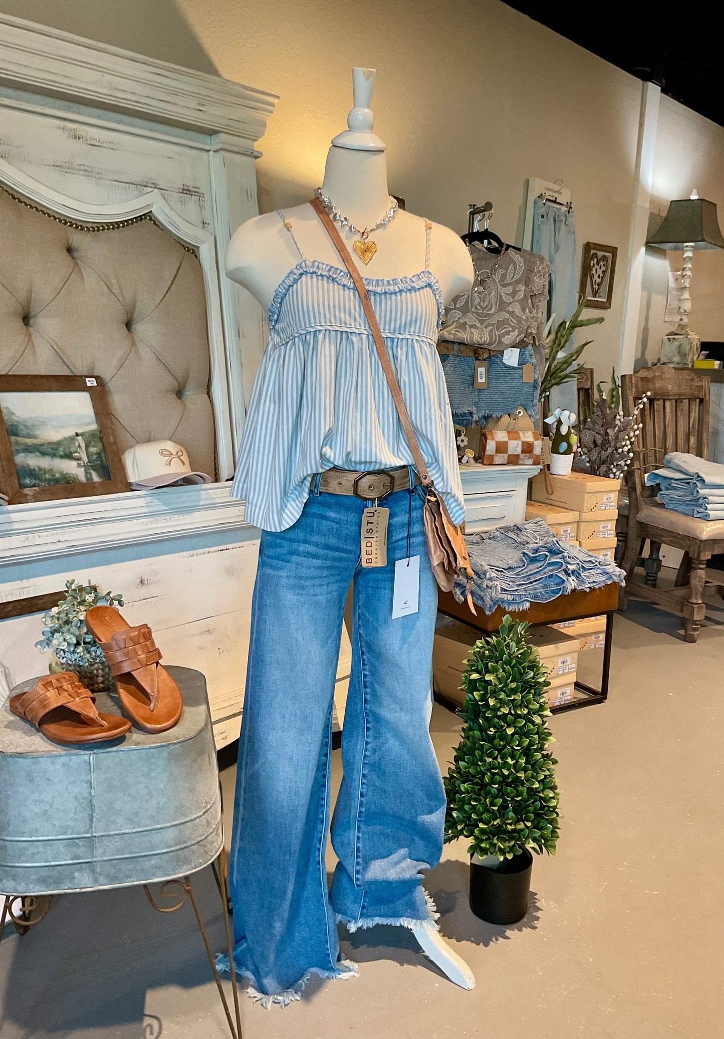 Blue Seersucker Cami Top with Adjustable Straps