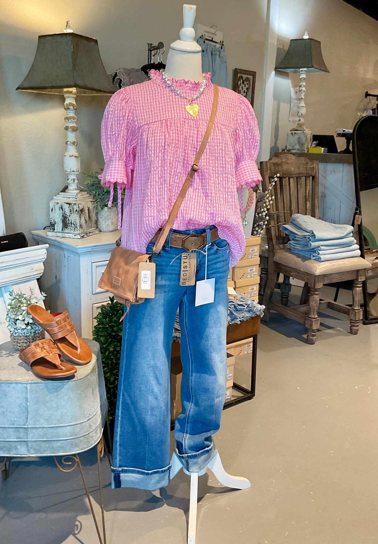 Bubble Pink Seersucker Top with Tie Sleeve Detail