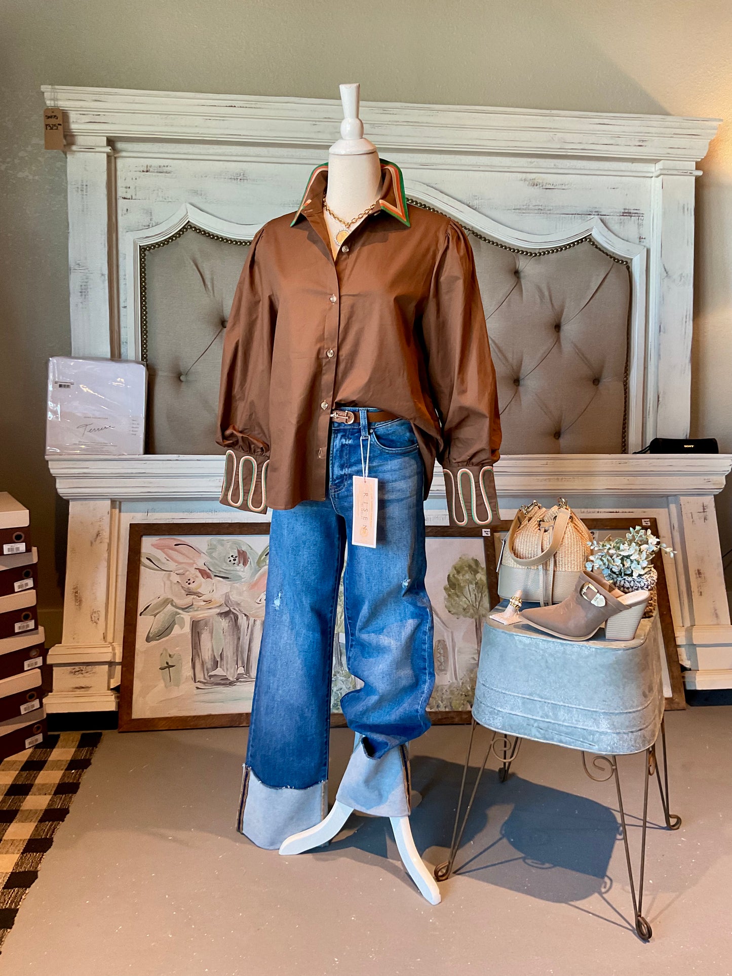 Brown Multi Trim Button down Top