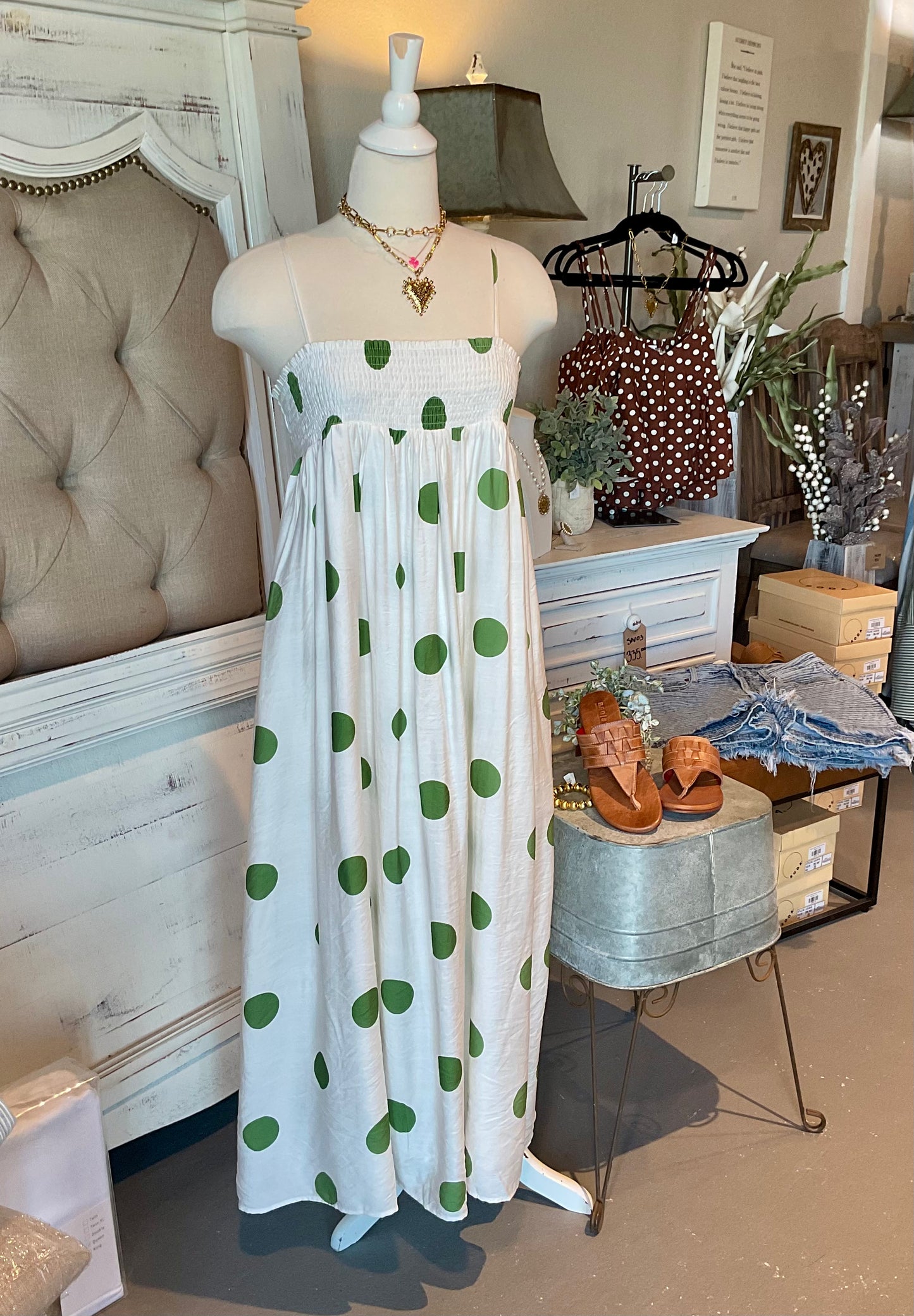 Green Polka Dot Smocked Maxi Dress w/Adjustable Straps
