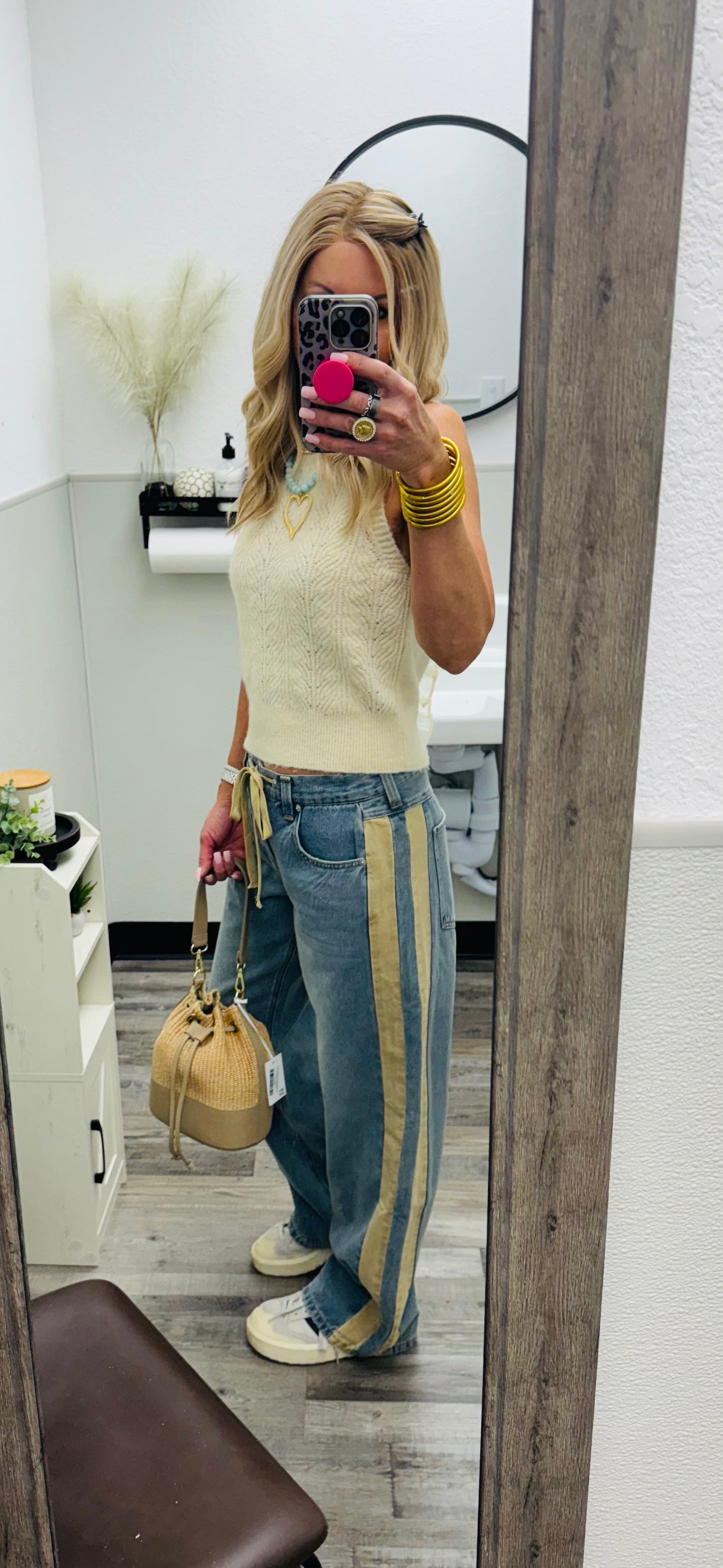 EE24 Denim Mineral Washed Drawstring Pants with Tan Side Strip