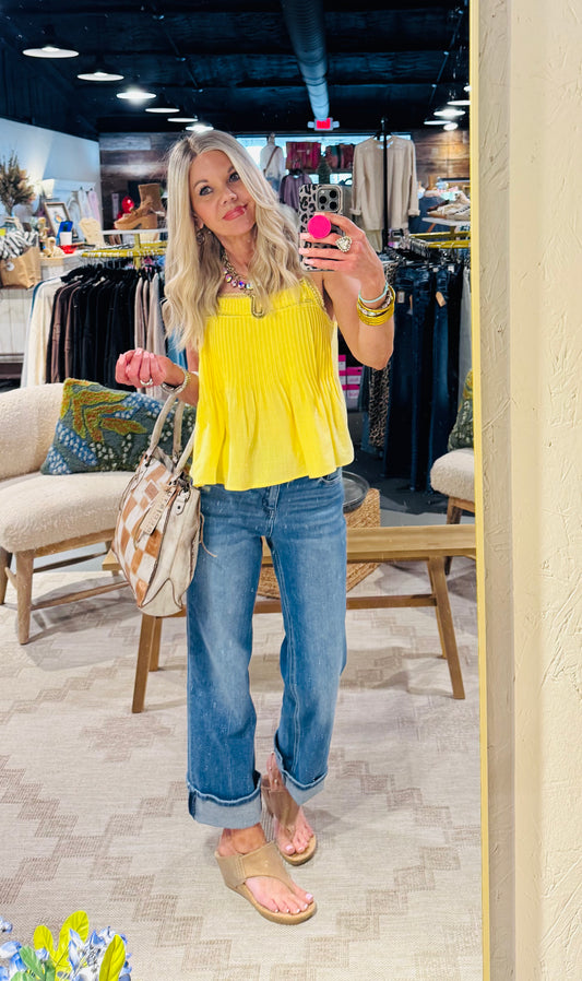 Yellow Sleeveless Pintuck Cami Top w/ Lace Detail