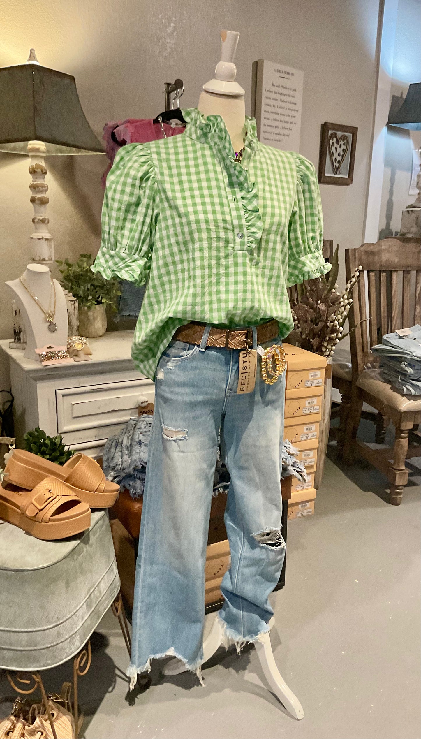 Green Gingham Short Puff Sleeved Top