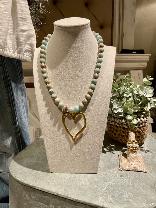 Blue Marble Gemstone Necklace with XL Gold Heart