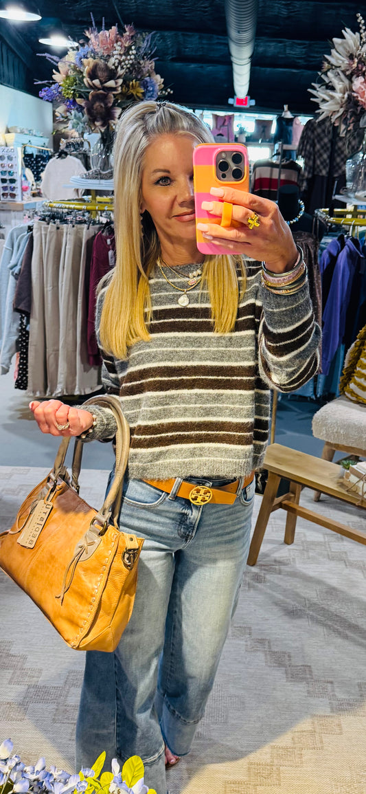 Brown Multi Striped Cropped Sweater