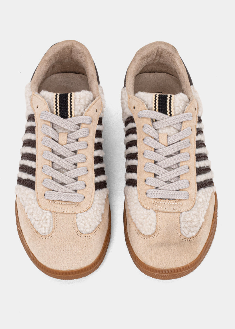 Stevie Sneaker in Beige Shearling with Chocolate Trim