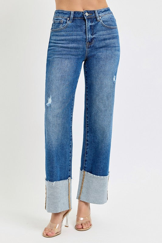 High Rise Wide Ankle Cuff Jeans