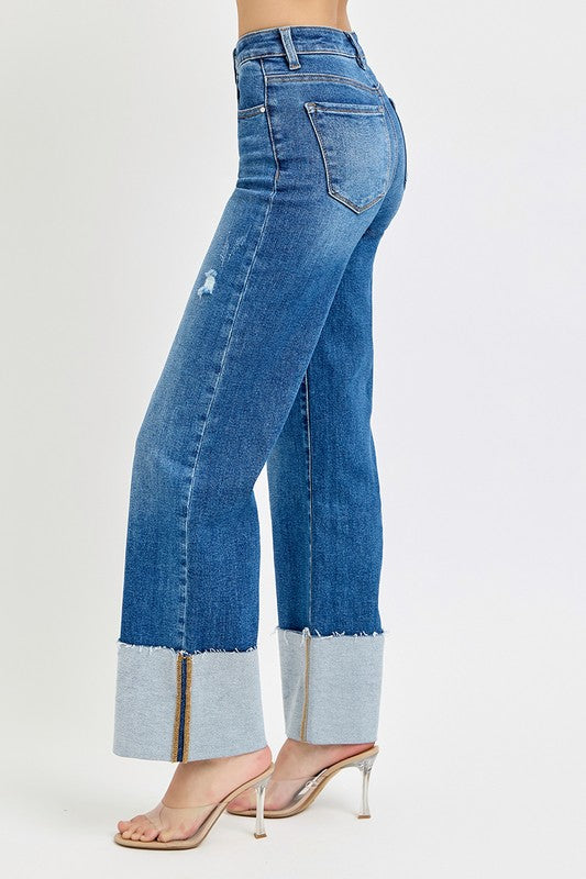 High Rise Wide Ankle Cuff Jeans