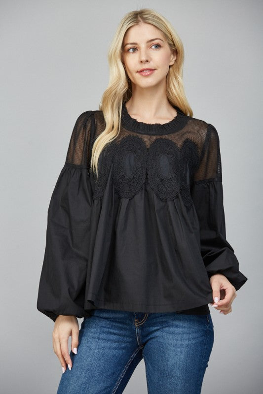 Lace Appliqué Mixed Media Long Sleeve Blouse