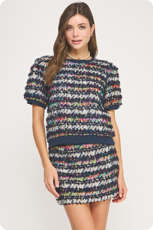 Navy Multi Tweed Top