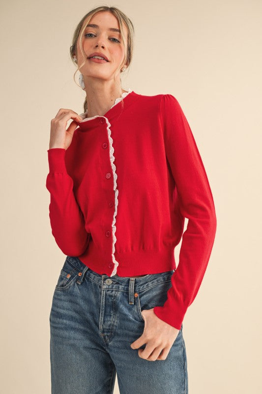 Red Lace Trim Lightweight Sweater Cardigan