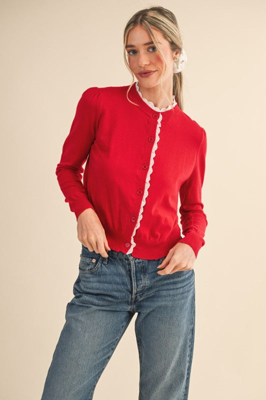 Red Lace Trim Lightweight Sweater Cardigan