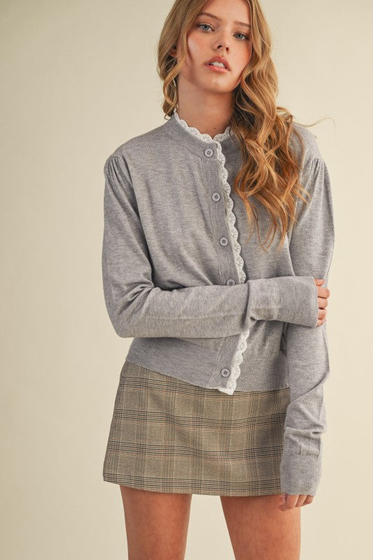 Grey Lace Trim Lightweight Sweater Cardigan