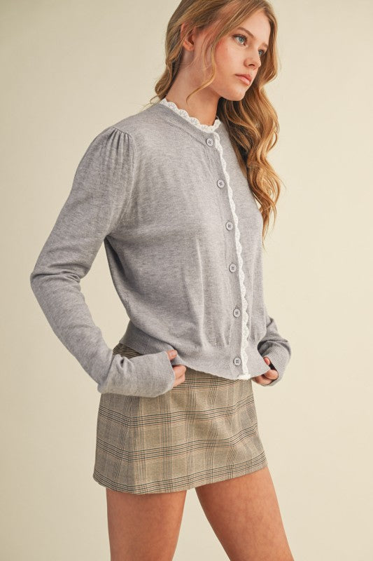 Grey Lace Trim Lightweight Sweater Cardigan
