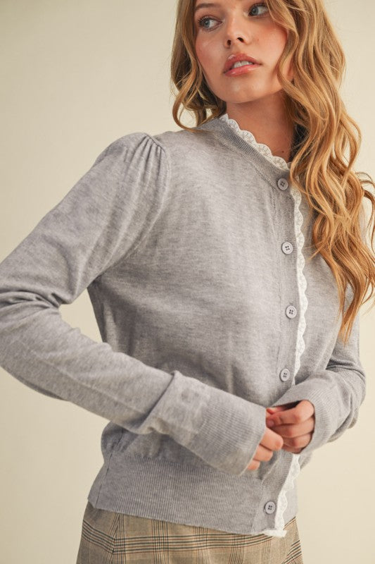Grey Lace Trim Lightweight Sweater Cardigan