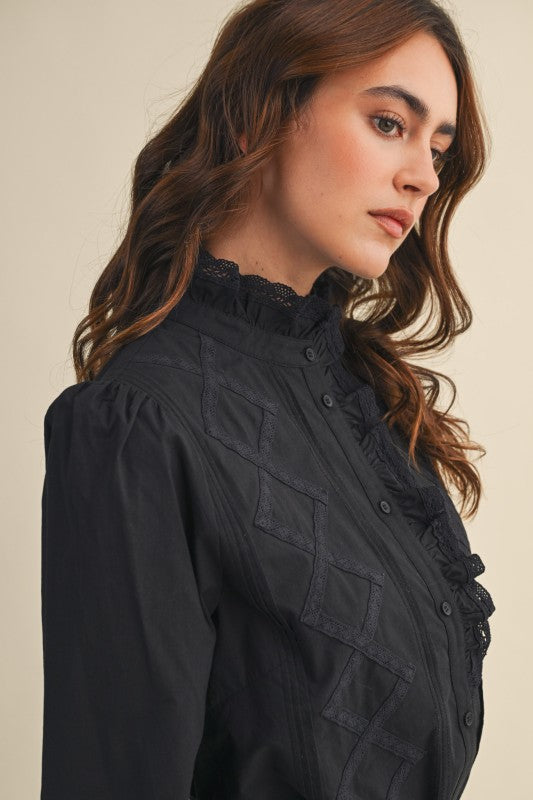 Black Ruffled Lace Trim Button Down Top