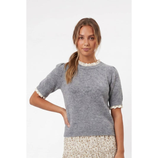Grey Short Sleeve Sweater with Trim Detail
