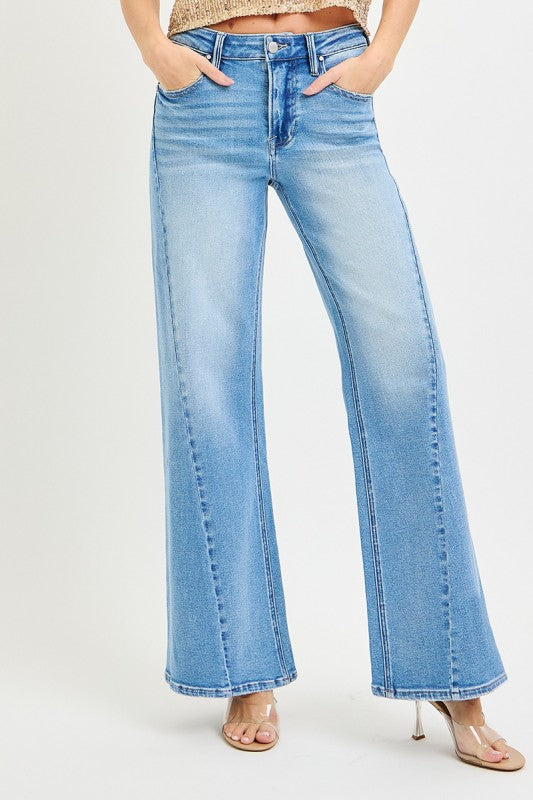 High Rise Wide Curved Seam Detail Jeans