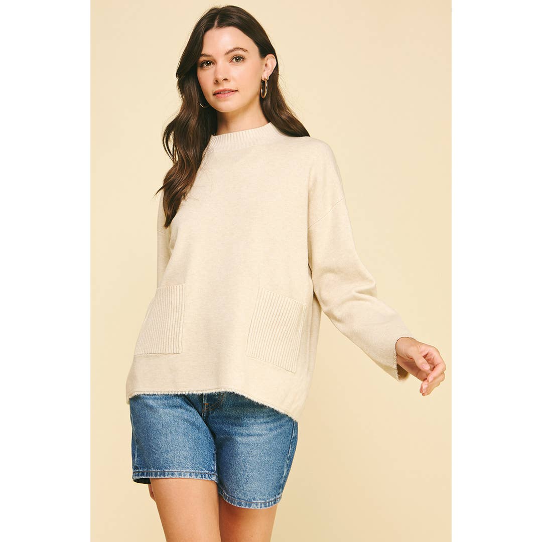 Oatmeal Soft Yarn Knit  Sweater with Front Pockets