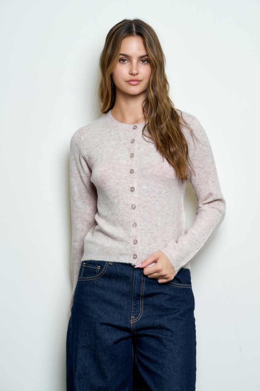 Light Mocha Round Neck Button Down Long Sleeve Cardigan