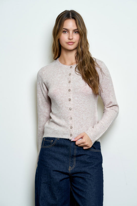 Light Mocha Round Neck Button Down Long Sleeve Cardigan