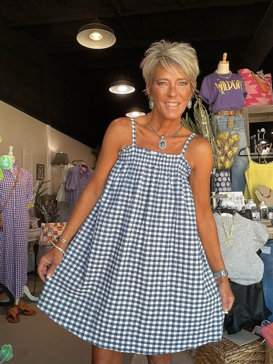 Navy Gingham Spaghetti Strap Dress