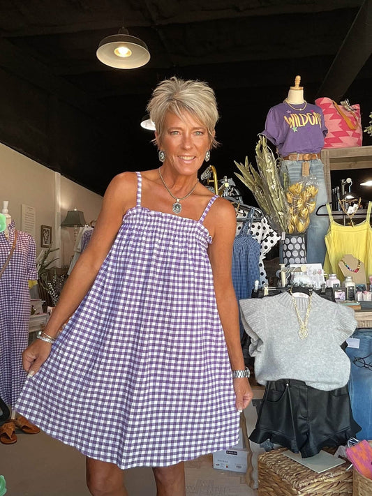 Purple Gingham Spaghetti Strap Dress