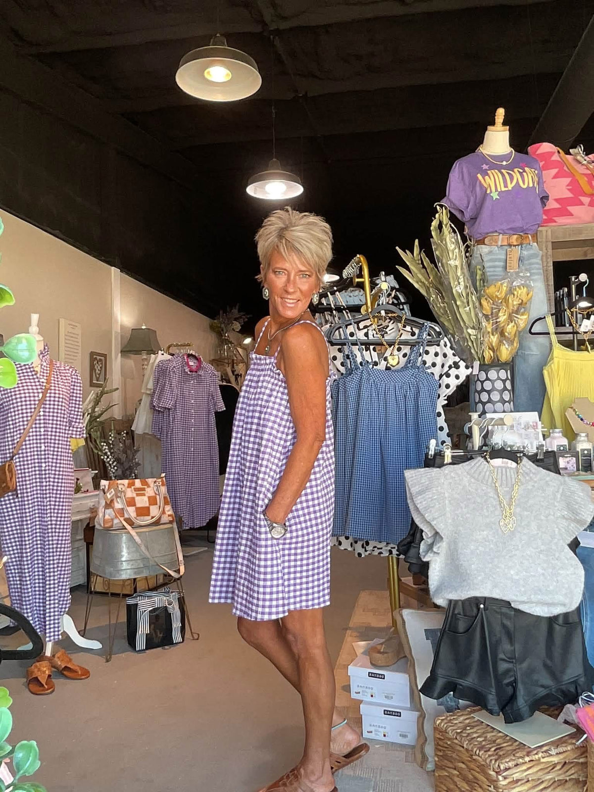 Purple Gingham Spaghetti Strap Dress