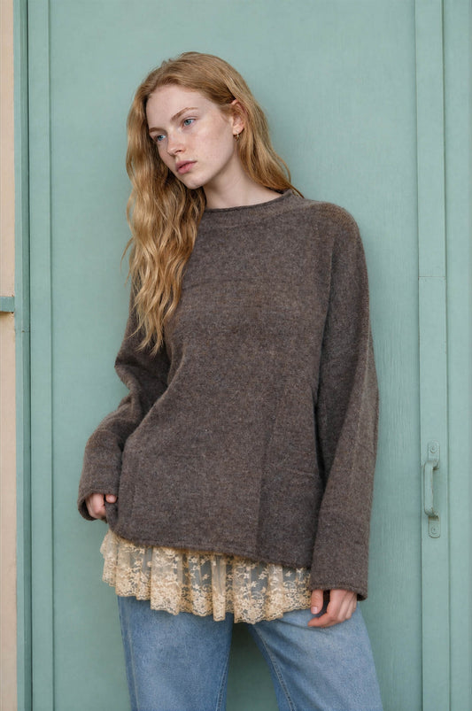 Heathered Checkered Texture Long Sleeve Sweater Mocha
