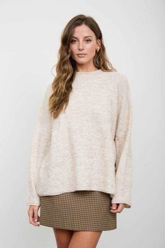 Heathered Checkered Texture Long Sleeve Sweater Oatmeal