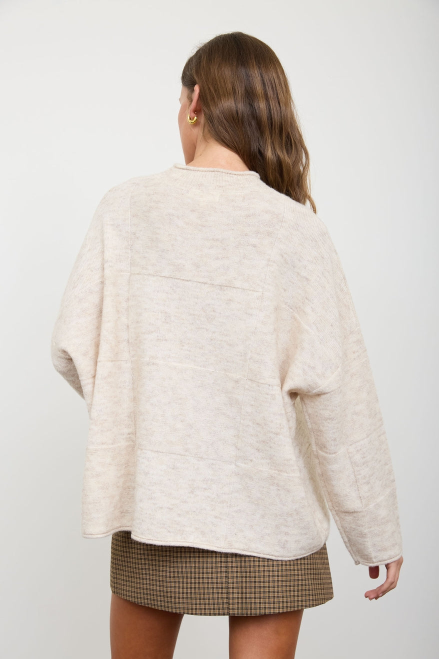 Heathered Checkered Texture Long Sleeve Sweater Oatmeal