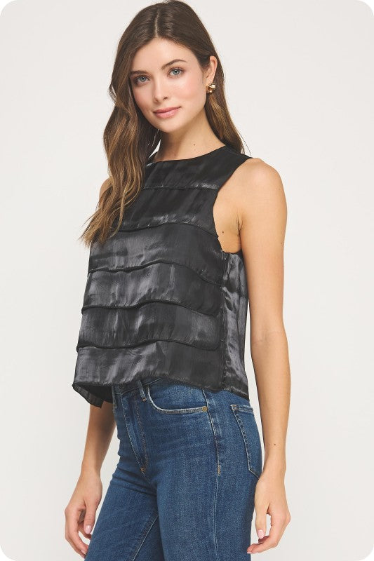 Tiered Sleeveless Satin Top