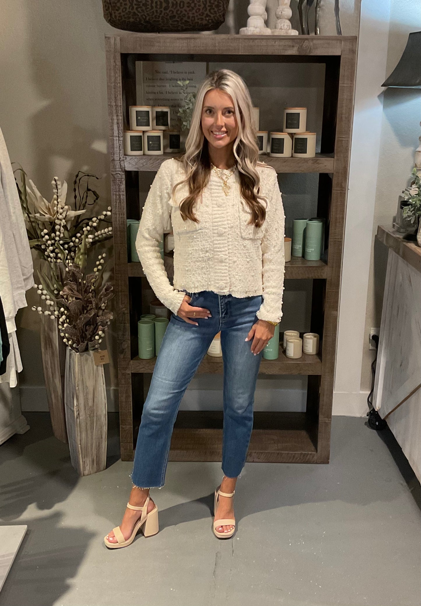 Pearl Embellished Sweater Jacket in Ecru