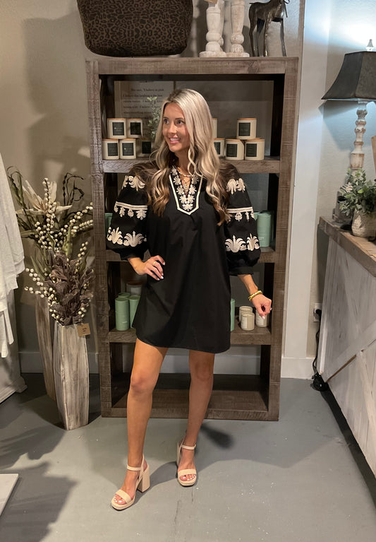 Black EmbroideredV-Neck Dress with Long Embroidered Puff Sleeve