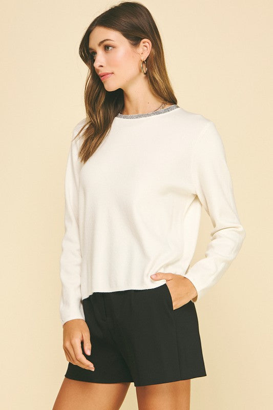 Cream Jewel Detailed Neck Sweater