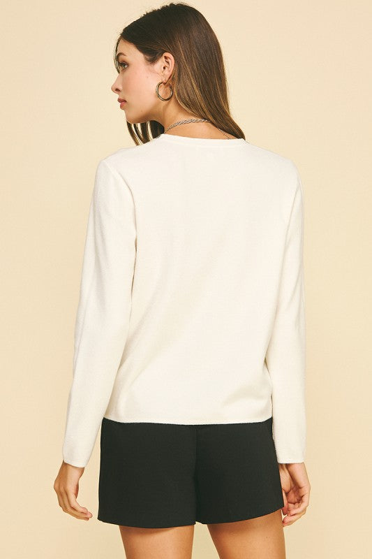 Cream Jewel Detailed Neck Sweater