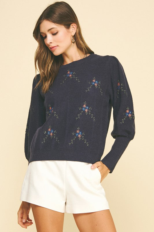 Navy Floral Embroidered Sweater